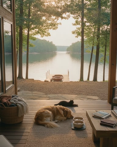 Lakefront cabin deck with two dogs, overlooking calm water, forested shoreline, and moored boat