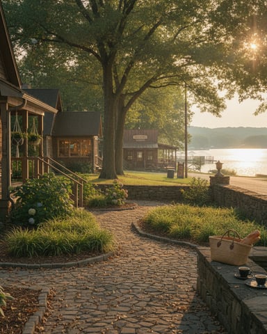 Lakeside cottage community with stone pathways, wooden buildings, tall trees, and water view at sunset