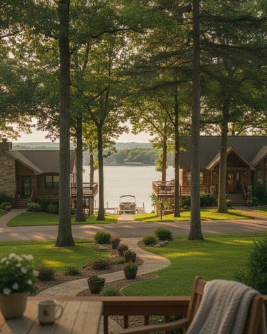 Two stone houses with decks among tall trees overlooking a lake with a boat dock