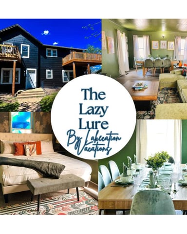The Lazy Lure vacation rental collage showing dark blue exterior house, green living room, bedroom with orange accents, and dining room with set table