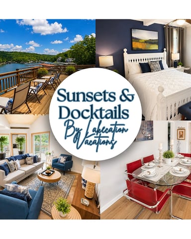 Sunsets & Docktails By Lakecation Vacations logo with collage of rental property images including waterfront deck, bedroom, living room, and dining area
