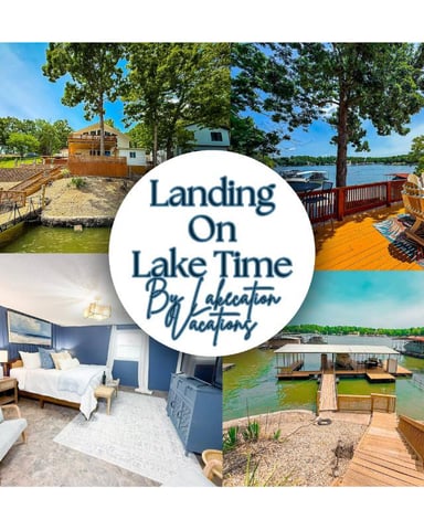 Landing On Lake Time vacation rental logo with collage of lakefront cabins, decks, bedrooms, and docks