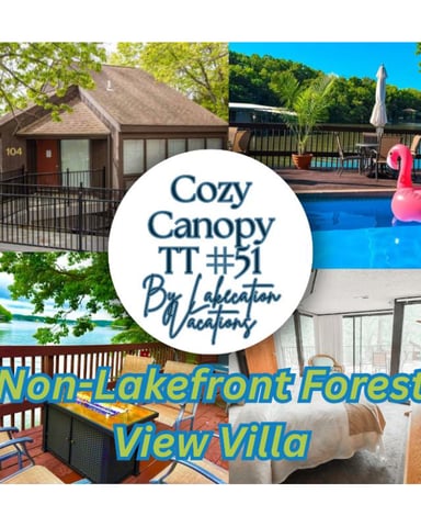 Cozy Canopy TT#51 vacation rental collage showing cabin exterior, lakeside deck, swimming pool with pink float, and bedroom interior