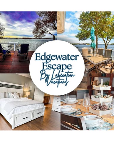 Edgewater Escape by Lakeview Vacations logo with collage of waterfront deck, bedroom, and dining room