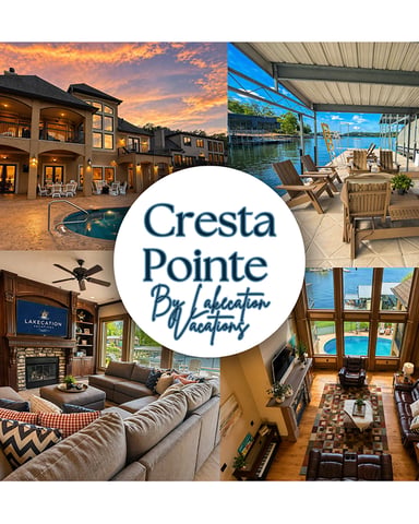Cresta Pointe By Lakecation Vacations logo with collage of luxury waterfront rental properties including homes with pools, docks, and lake views