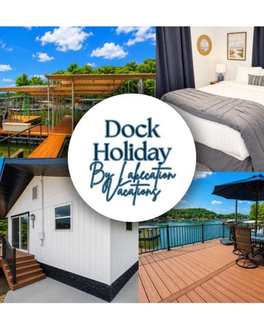 Dock Holiday vacation rental collage showing waterfront cabin, bedroom with gray bedding, boat docks, and deck with umbrella and seating