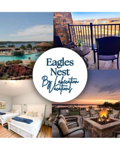 Eagles Nest By Lakecation Vacations collage showing resort pool, lakeside deck chair, bedroom with twin beds, and firepit patio at sunset