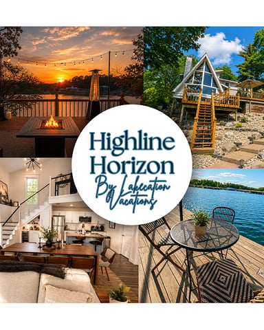 Highline Horizon By Lakeication Vacations logo with four vacation rental property images: sunset deck with fire pit, lakeside cottage, open-plan living room
