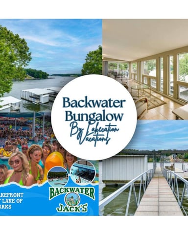 Backwater Bungalow vacation rental collage showing waterfront views, sunroom with large windows, dock, and pool area at Lake of the Ozarks