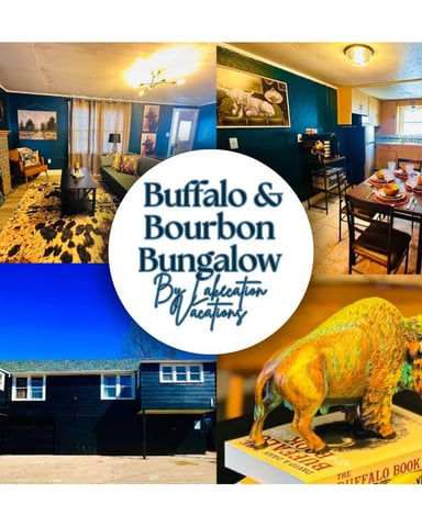 Buffalo & Bourbon Bungalow logo with interior photos showing blue walls, yellow furnishings, dining area, exterior blue bungalow, and buffalo figurine
