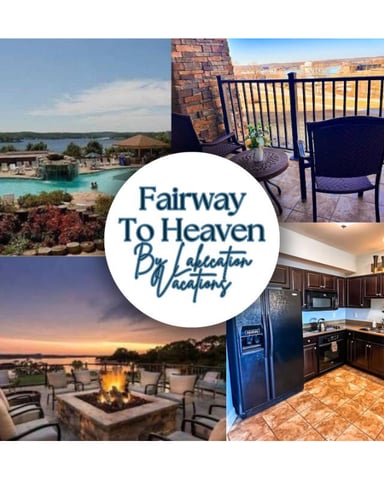 Fairway To Heaven By Lakecation Vacations logo with four property images: lakeside pool, deck with lake view, sunset patio with fire pit, and kitchen with dark