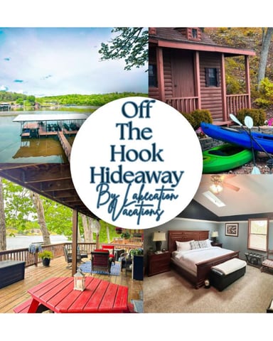 Off The Hook Hideaway vacation rental collage showing waterfront cabin, kayaks, deck with river view, and bedroom interior