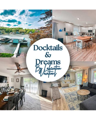 Collage of vacation rental property featuring waterfront dock with boats, modern kitchen with island, dining room, and living room with water views