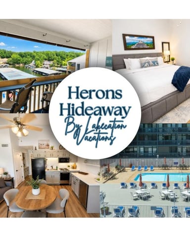 Herons Hideaway vacation rental collage showing bedroom with river view, kitchen, pool area, and logo
