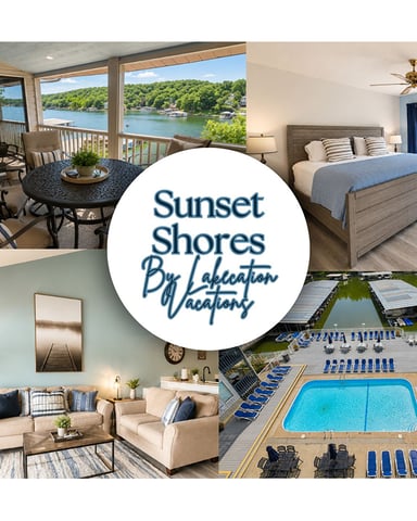 Sunset Shores vacation rental collage showing waterfront balcony, bedroom with lake view, living room, and pool deck with lounge chairs
