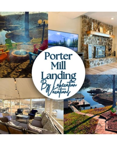 Porter Mill Landing vacation rental collage showing lakeside fire pit, stone fireplace, modern living room, and waterfront deck views