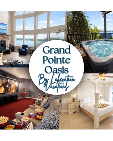 Grand Pointe Oasis vacation rental featuring living room with lake view, hot tub on deck, home theater, and bedroom with water views
