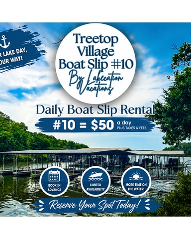 Promotional graphic for Treetop Village Boat Slip #10 rental at $50 per day, featuring covered boat dock on calm water surrounded by trees