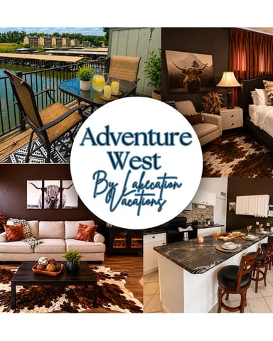 Adventure West By Lakecation Vacations logo with collage of rental property images including waterfront deck, bedroom, living room, and kitchen