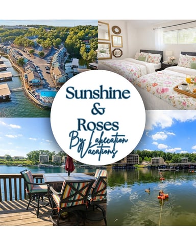 Sunshine & Roses vacation rental collage showing waterfront resort, floral bedroom, riverside deck with seating, and swimming area