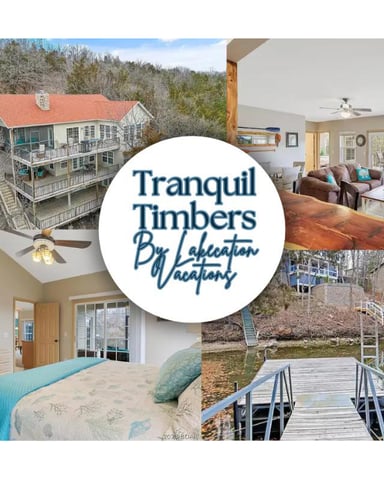 Tranquil Timbers vacation rental collage showing two-story house with red roof, living room with fireplace, bedroom with turquoise bedding, and lakeside deck