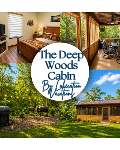 The Deep Woods Cabin by Lakation Vacations - collage showing bedroom, screened porch, grilling area, and exterior