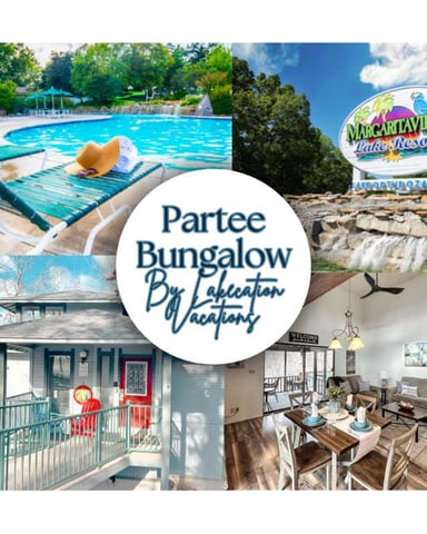 Collage showing Partee Bungalow vacation rental: swimming pool with lounge chairs, Margaritaville Lake Resort sign, bungalow exterior with red door, and