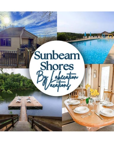 Sunbeam Shores By Lakecation Vacations logo with collage of rental property images including cabin, swimming pool, waterfront dock, and dining room