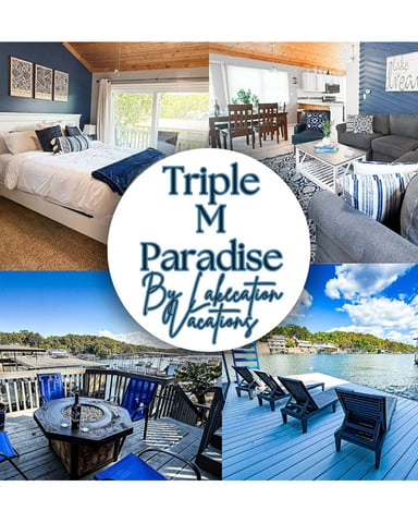 Triple M Paradise vacation rental collage showing bedroom with blue walls, living room with gray sofa, and waterfront deck with lounge chairs and fire pit