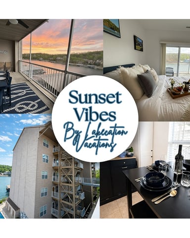 Collage showing waterfront rental property with sunset views, bedroom, dining area, and lakeside building exterior