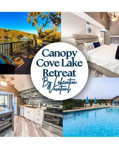 Canopy Cove Lake Retreat collage showing lakeside deck, bedroom, kitchen, and swimming pool