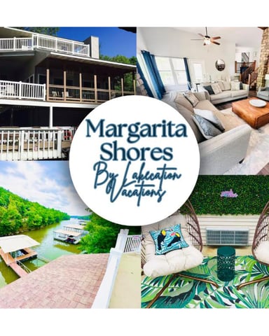 Margarita Shores By Lakerton Vacations logo with collage of rental property images including decks, living room, waterfront view, and patio seating
