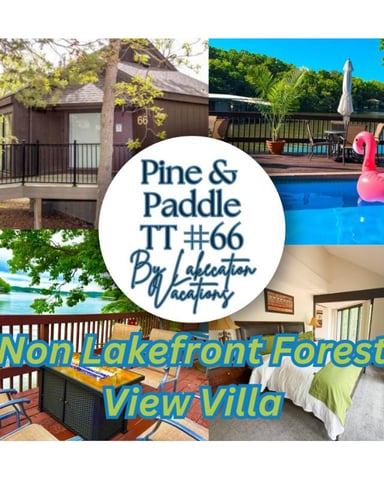 Collage of vacation rental featuring lakefront cabin, pool with pink float, bedroom, and forest lake views
