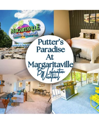 Margaritaville Lake Resort sign, bedroom with white bedding, living room with fireplace, and deck with yellow Adirondack chairs