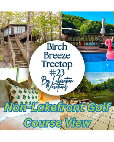 Birch Breeze Treetop #23 collage showing elevated cabin, pool with flamingo float, bedroom, and river view