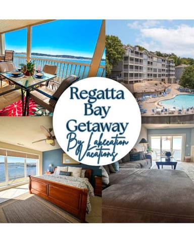 Regatta Bay Getaway vacation rental collage showing waterfront balcony dining, beachfront resort with pool, and modern bedroom with lake views