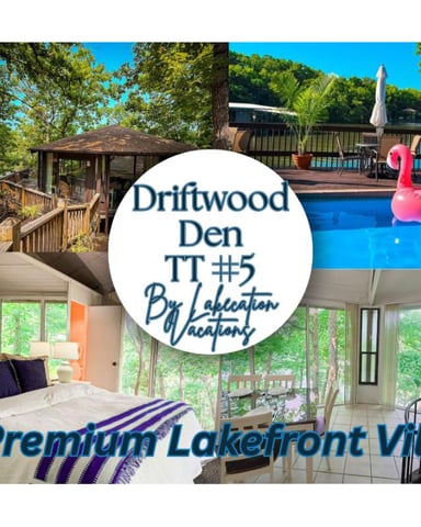 Driftwood Den TT #5 lakefront villa with deck, pool, pink flamingo float, and bedroom with forest views