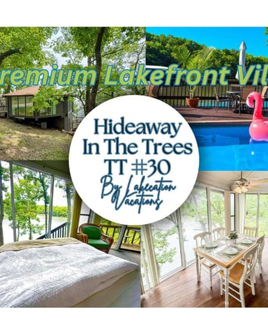 Collage of lakefront villa features including pool with pink flamingo float, bedroom with lake view, dining area, and wooded cabin exterior