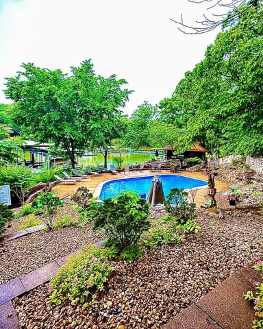Backyard pool surrounded by lush green trees, landscaping, and stone patio with lake view beyond